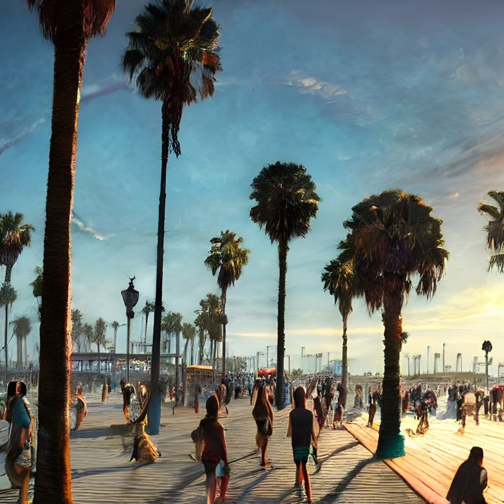 Venice Beach Boardwalk at sunset painting.